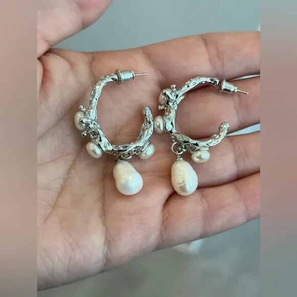 Lunar Branch Pearl Hoops - Picture 4 of 4